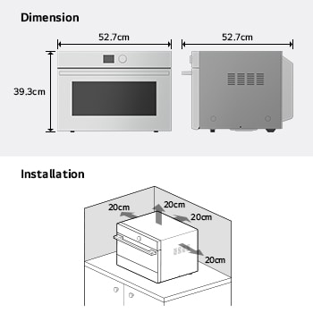 Product dimensions and installation guide for  SolarDOM™​​ — 52.7 cm (width) × 39.3 cm (height) × 52.7 cm (depth); recommended 20 cm clearance on all sides for proper ventilation.
